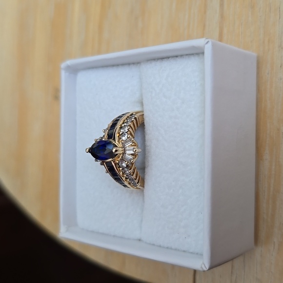 FINE JEWELRY GORGEOUS! 14K GOLD OVER SILVER BLUE AND WHITE SAPPHIRE RING SIZE 6 - Picture 6 of 13